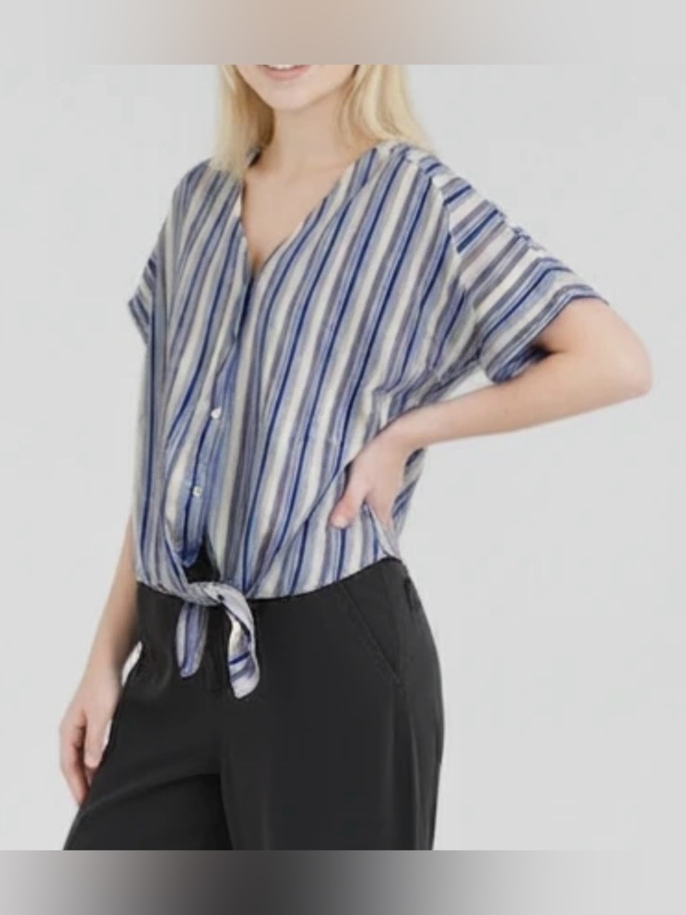 COMO VINTAGE linen blend front tie button up v-neck striped crop top NWT size XL